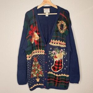 VTG 90s Heirloom Collection Christmas Cardigan Sweater 22/24 Beaded Embroidered
